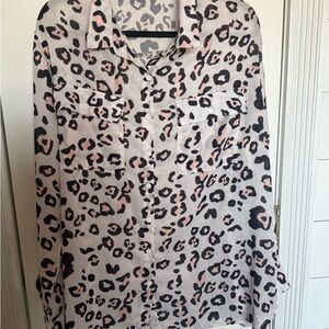 Leopard Print Button Down Blouse Lightweight Long Sleeve